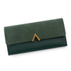 A dark olive green tri-fold PU card holder wallet with a wooden accent.