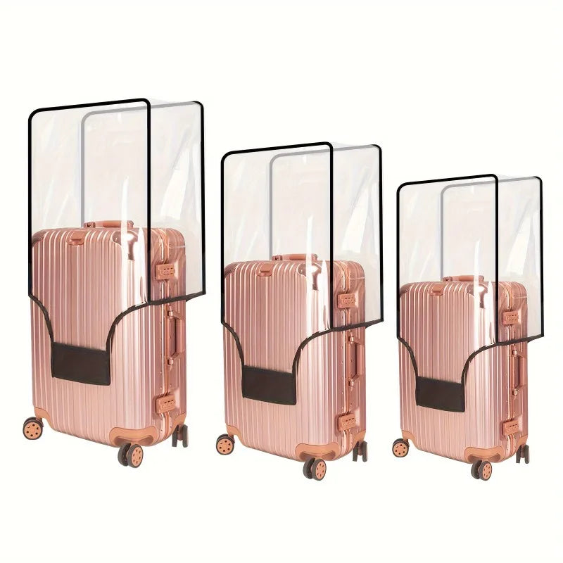 Three pink transparent PVC luggage covers displayed side by side.