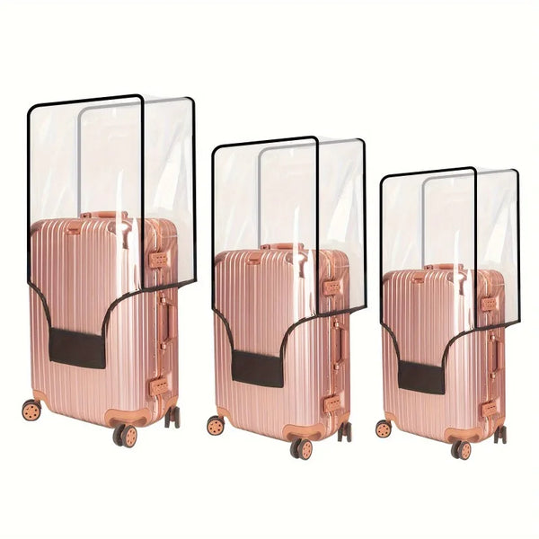 Three pink transparent PVC luggage covers displayed side by side.