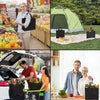 A collage showing reusable foldable grocery tote bags being used for produce and general items.