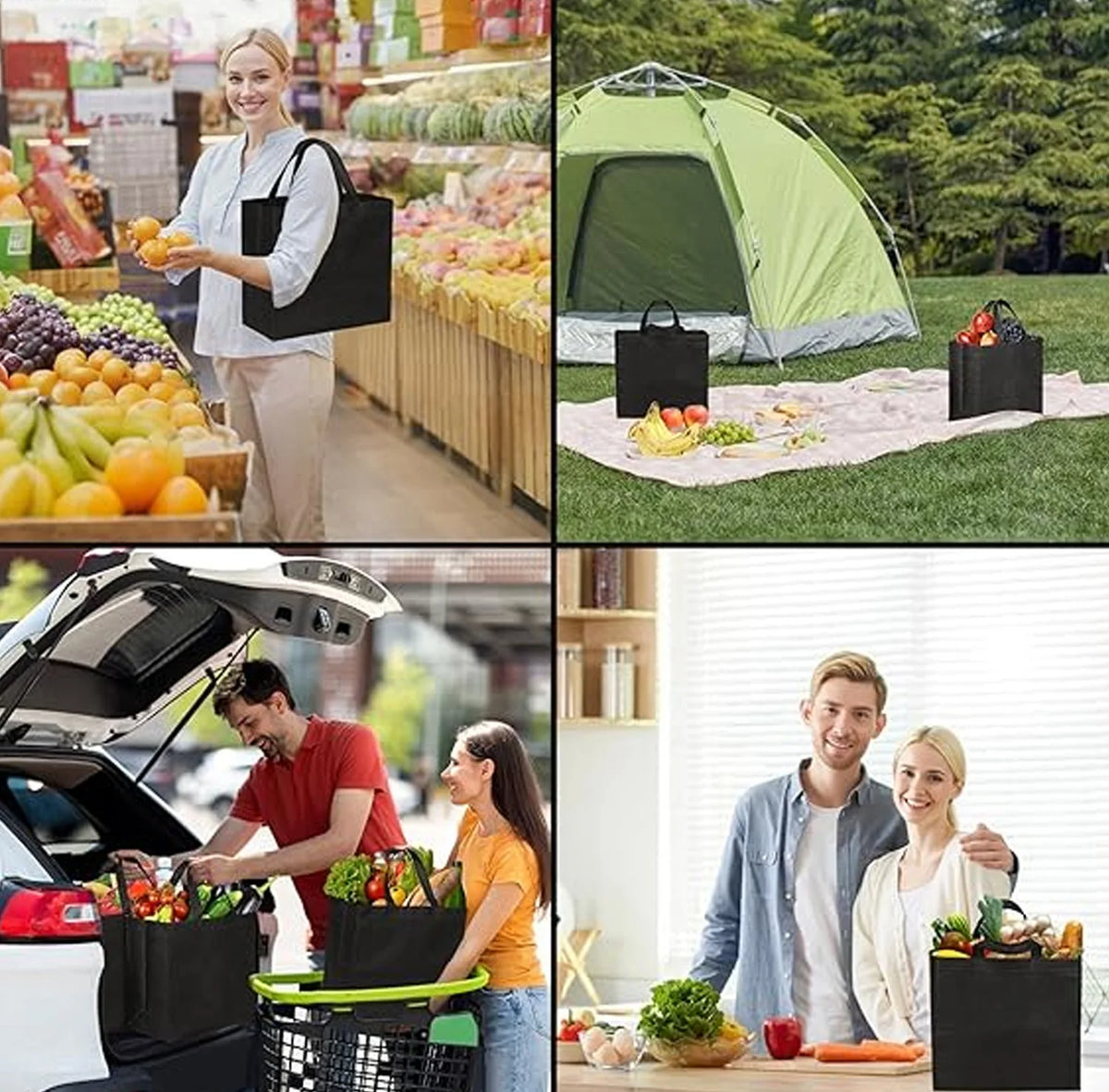 A collage showing reusable foldable grocery tote bags being used for produce and general items.