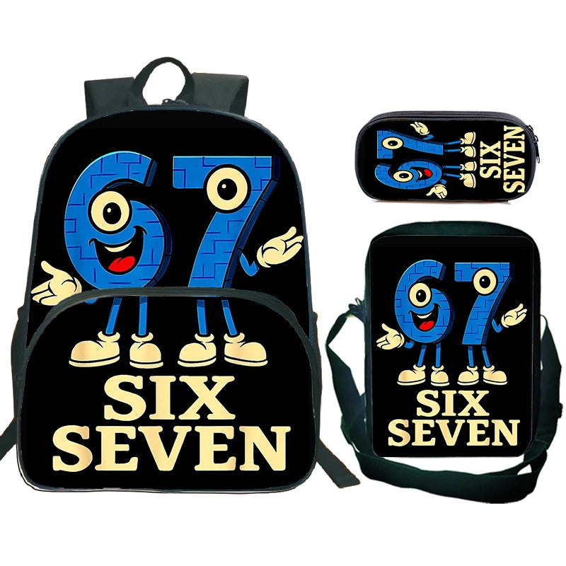 A black backpack set featuring the number 67 design on a main bag and a separate pouch.