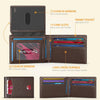 A brown leather trifold wallet with clear ID windows and card slots shown in various views.