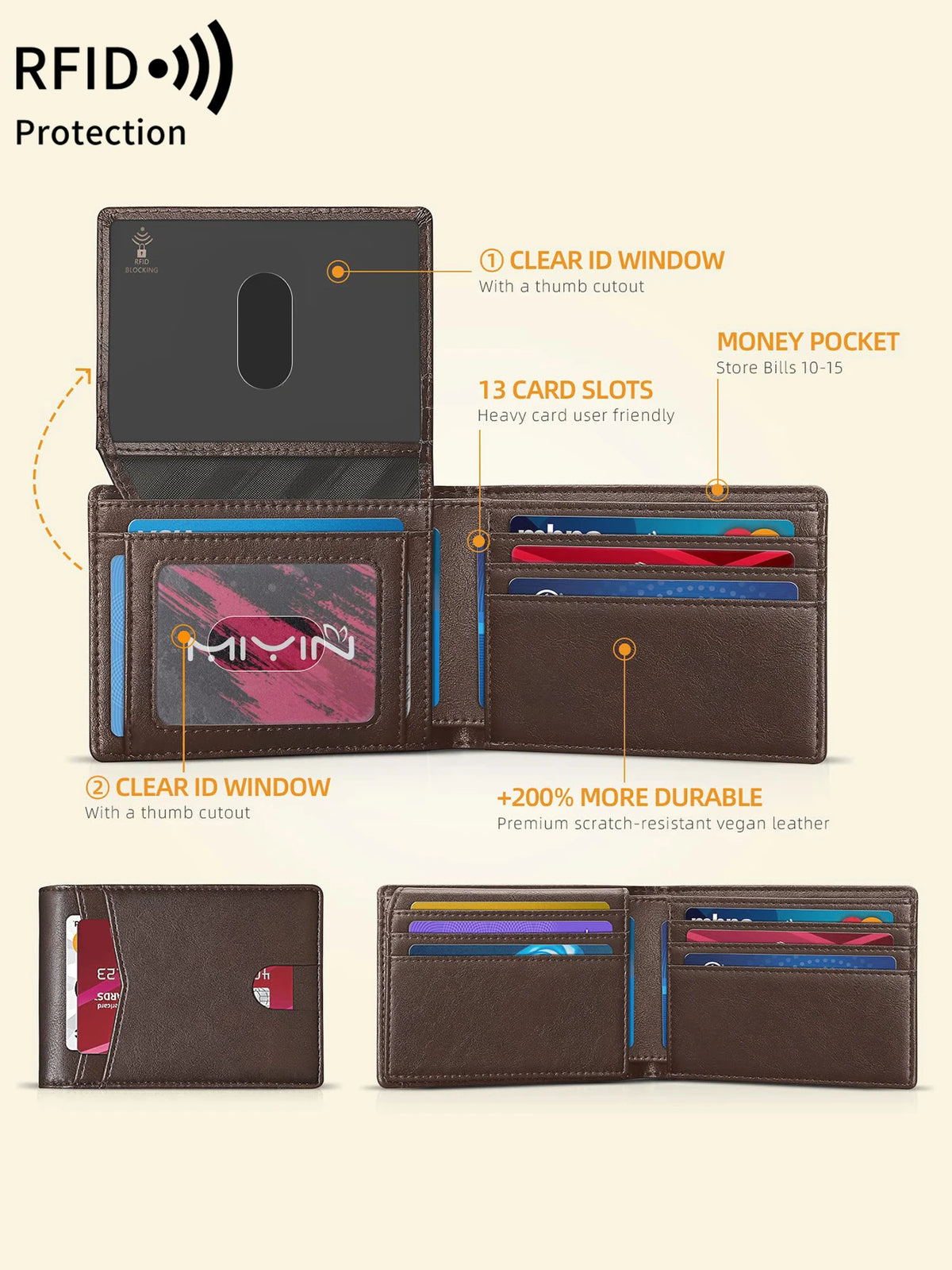 A brown leather trifold wallet with clear ID windows and card slots shown in various views.