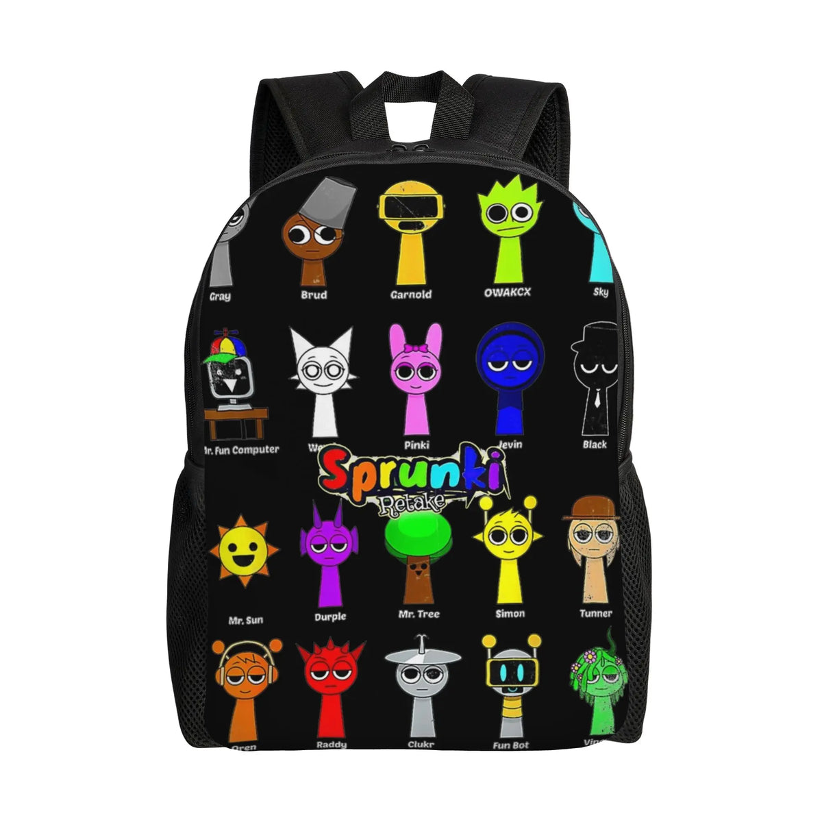A black backpack featuring various funny character designs and text on the front.