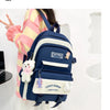 A navy blue nylon backpack set featuring a cartoon design and white accents, worn by a person.