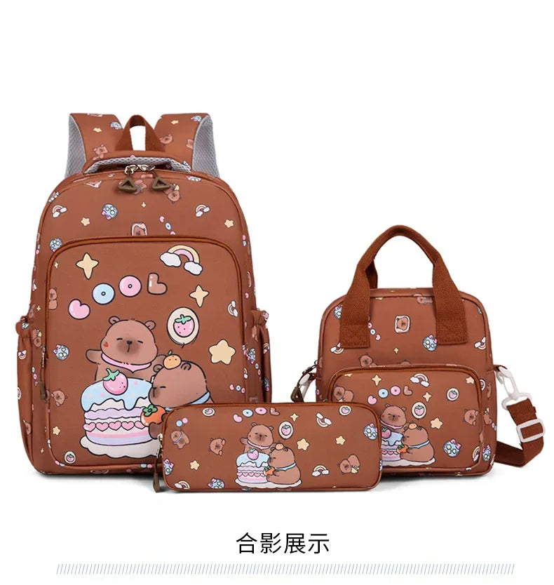 A brown cartoon animal backpack set featuring a main backpack and a matching pouch.