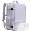 A light purple 15-inch travel laptop backpack with a padded shoulder strap and clear plastic sleeves.