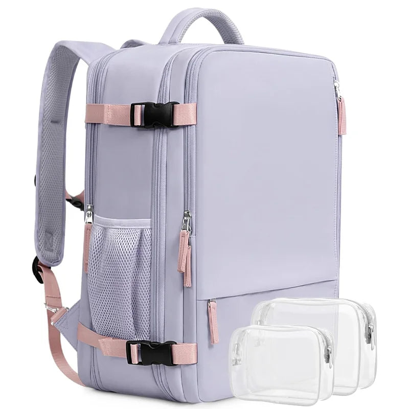 A light purple 15-inch travel laptop backpack with a padded shoulder strap and clear plastic sleeves.