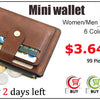 A brown mini wallet with a zipper showing several cards and coins, advertised for women and men in 6 colors.