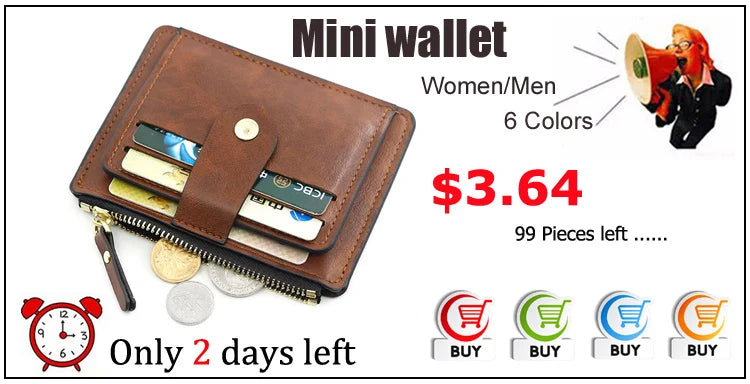 A brown mini wallet with a zipper showing several cards and coins, advertised for women and men in 6 colors.