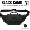 Black camo tactical outdoor sling bag with a black strap and Oxford fabric.