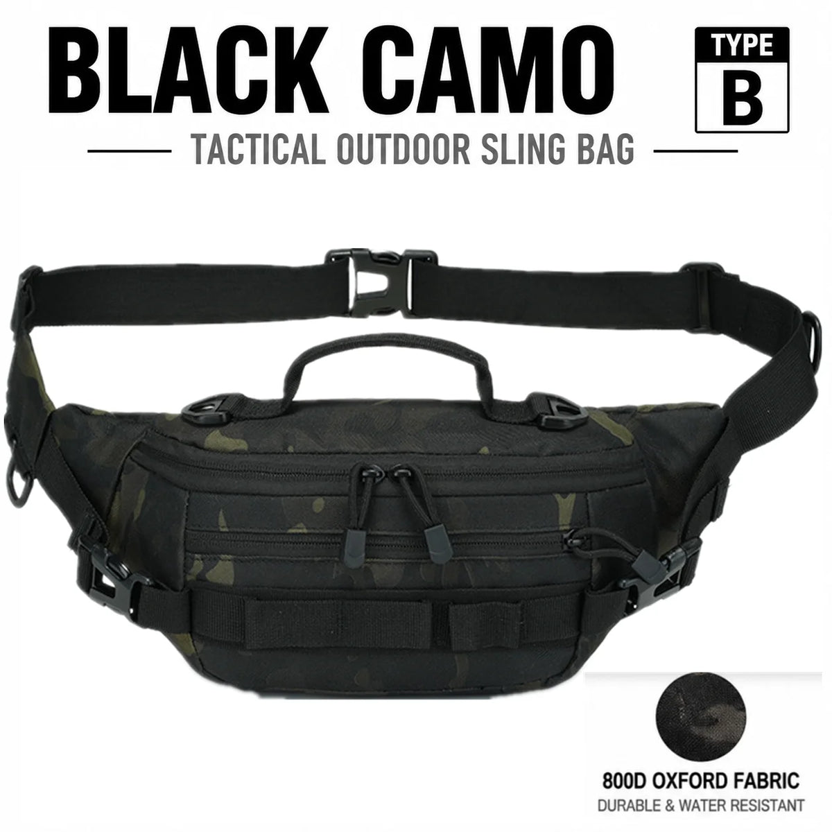 Black camo tactical outdoor sling bag with a black strap and Oxford fabric.