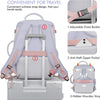 A purple and pink travel backpack shown with features like an adjustable chest buckle, anti-theft zipper pocket, and hidden s