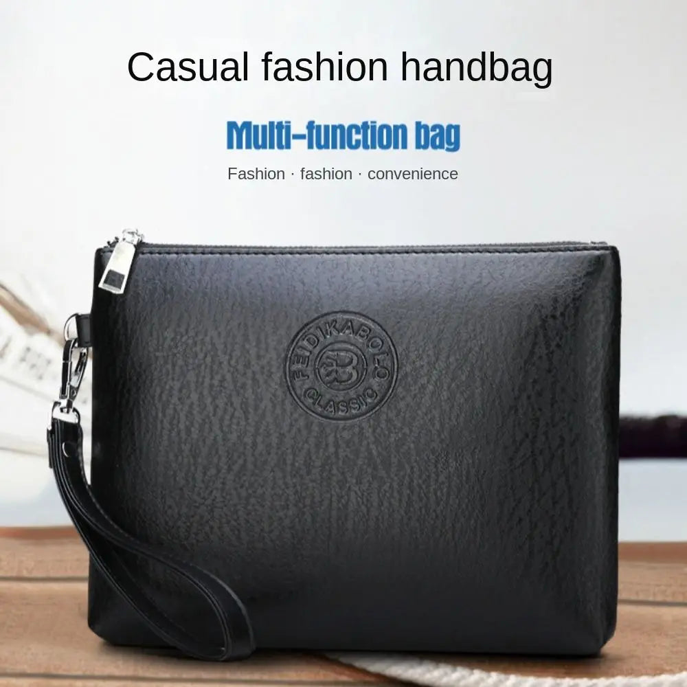 A black multi-function casual fashion handbag with a silver zipper and leather strap.