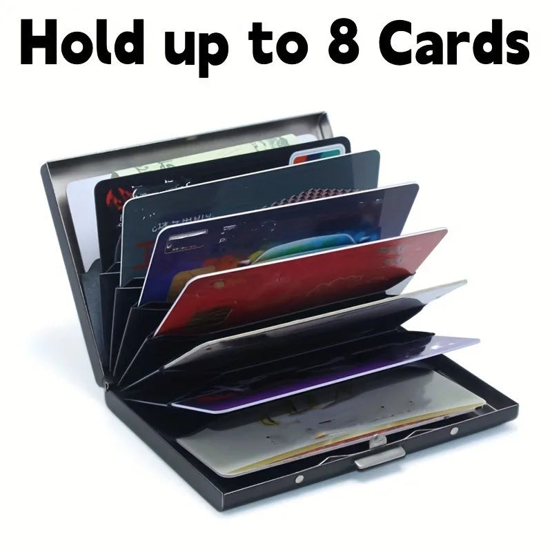A black metal card holder displaying eight slots for cards.
