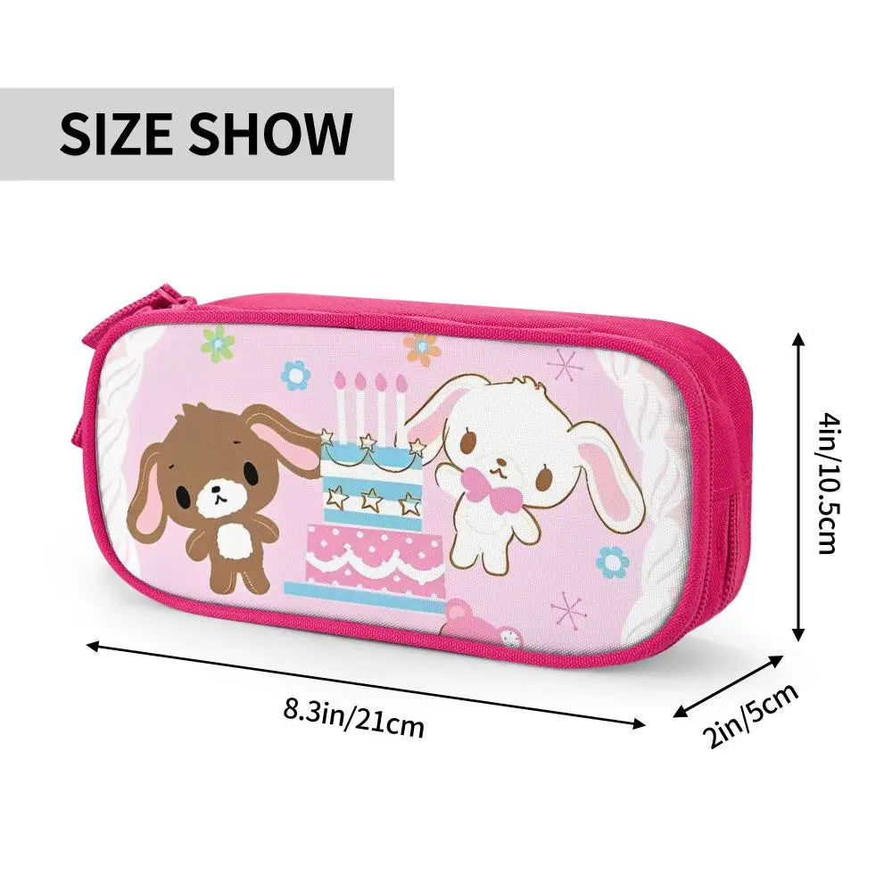 Pink zippered pencil case featuring a cute elephant and birthday candles