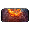 A black laptop sleeve featuring a fiery basketball graphic with lightning effects.