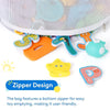 A colorful mesh storage caddy with a zipper design featuring various plastic toys and accessories.