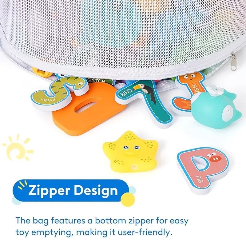 A colorful mesh storage caddy with a zipper design featuring various plastic toys and accessories.