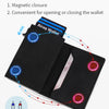 A black minimalist magnetic wallet showing a blue magnetic closure mechanism.