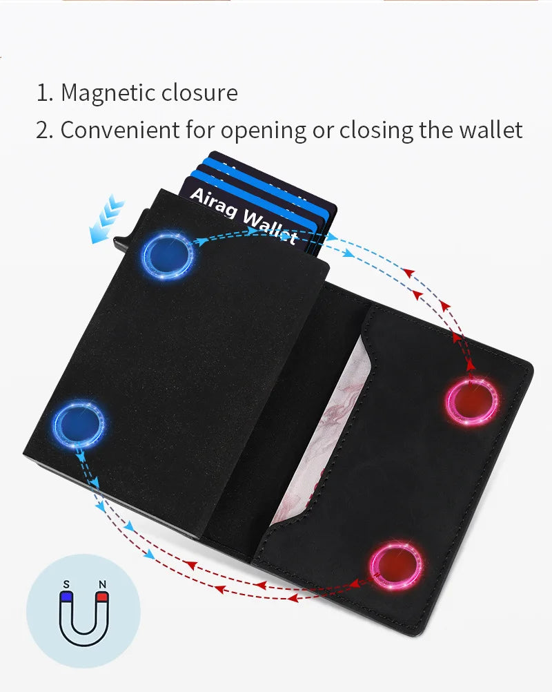 A black minimalist magnetic wallet showing a blue magnetic closure mechanism.