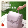 A light purple insulated backpack is shown with a side pocket, placed on a white cloth next to fresh food.