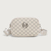 A beige crossbody bag featuring a repeating gray M pattern and a silver initial emblem.