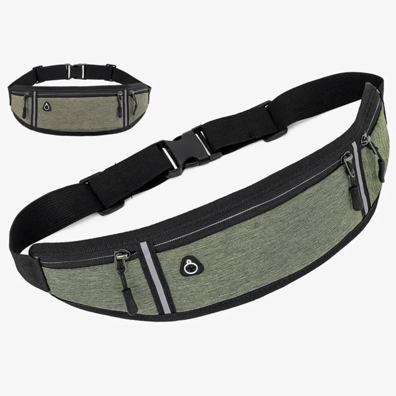 A black canvas waist fanny bag with a black strap and silver logo, shown in multiple views.