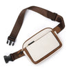 A brown and cream Korean style PU leather crossbody waist bag with a black strap.