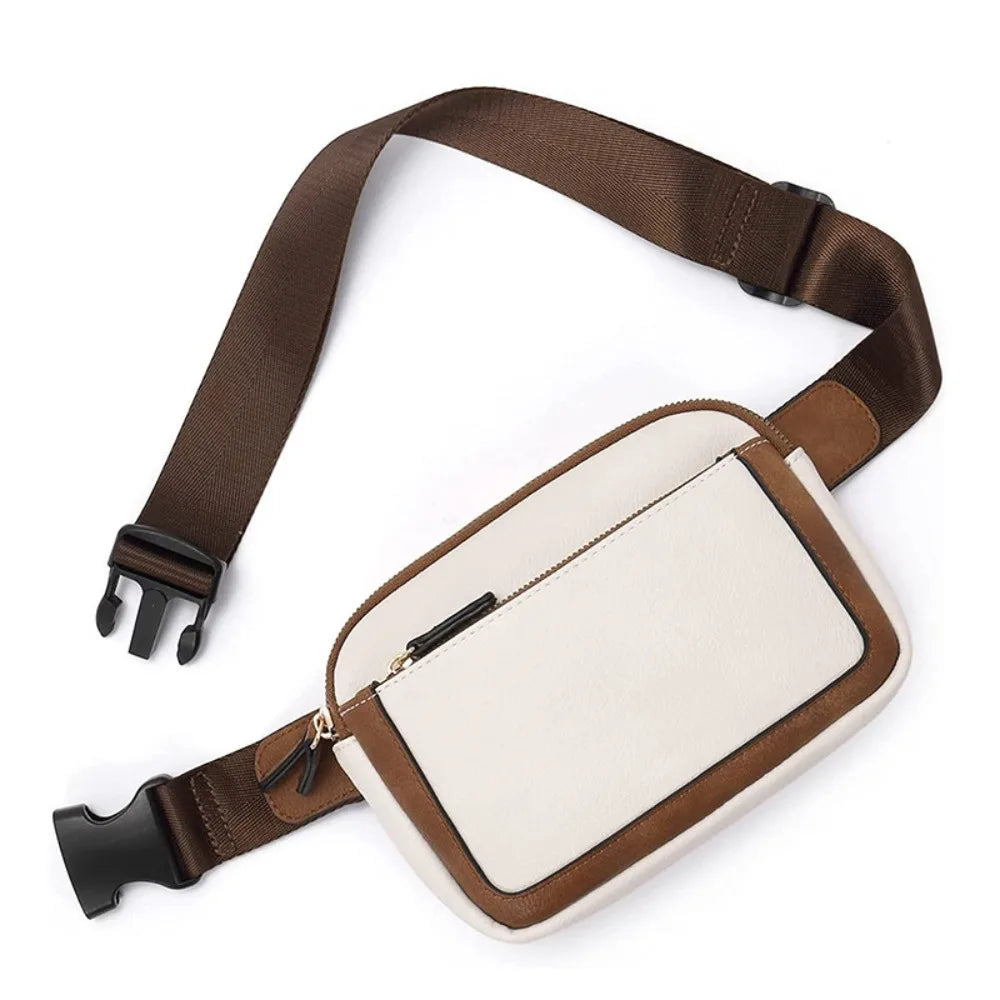A brown and cream Korean style PU leather crossbody waist bag with a black strap.