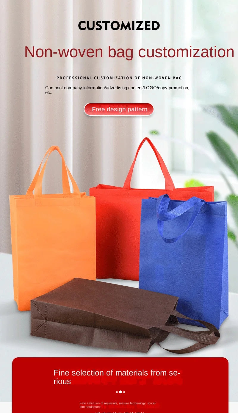 Darstellung verschiedener personalisierter Non-gewebter Einkaufstaschen in orange, rot, blau und braun.