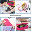 A multi-function pink and purple leather pencil case set shown in various uses and angles.