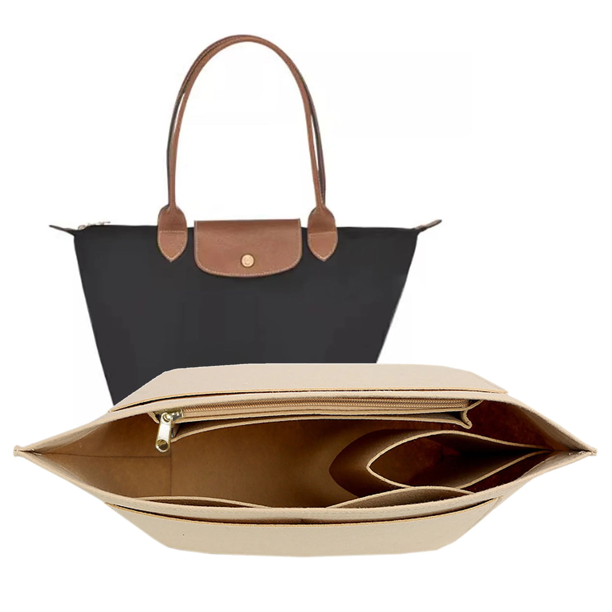 A black felt organizer insert for handbags with brown leather straps and a beige felt pouch.