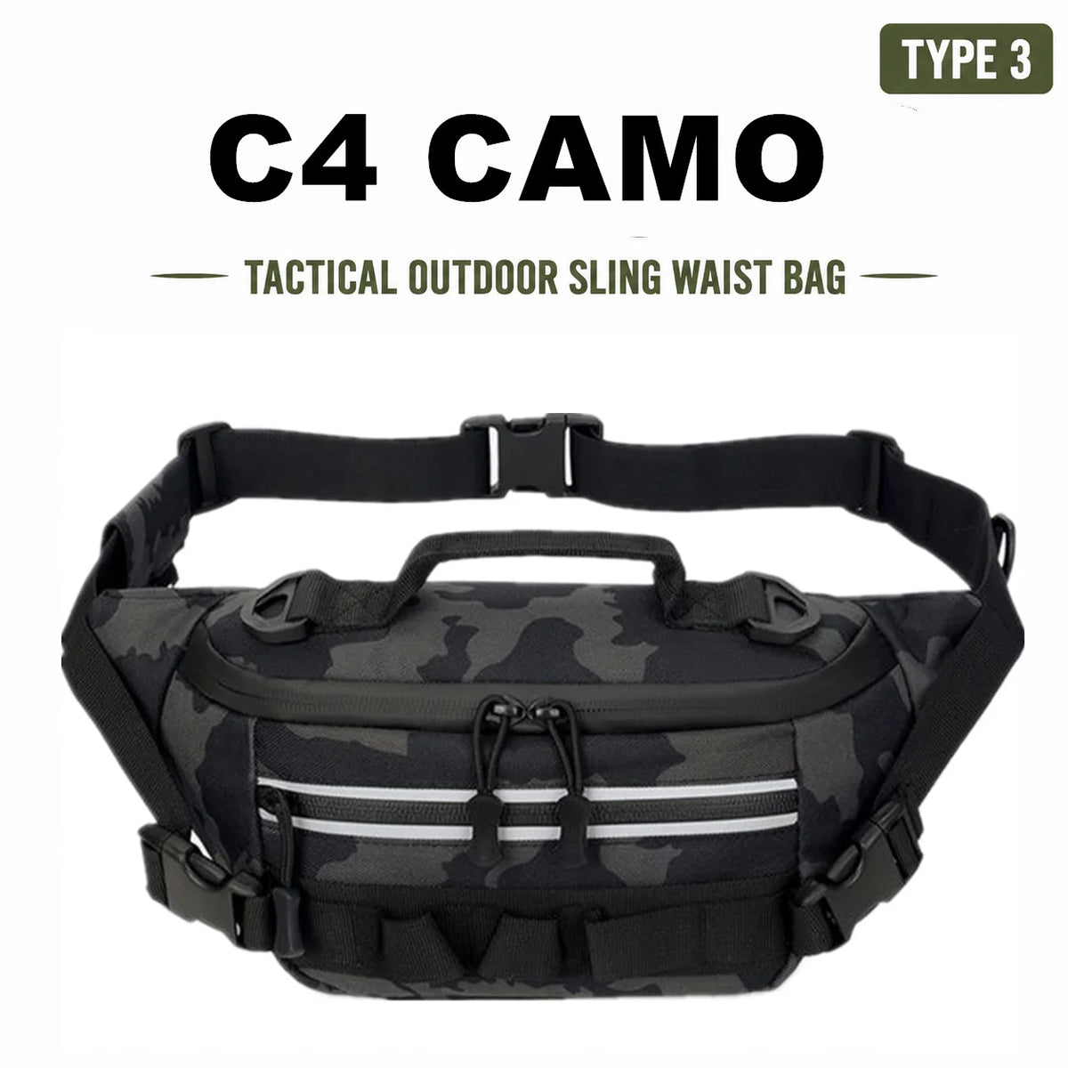 Black C4 camo tactical outdoor sling waist bag with adjustable straps