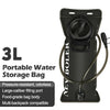 A black portable water storage bag with a pressure-resistant design and a hose, labeled as a 3L hydration accessory.
