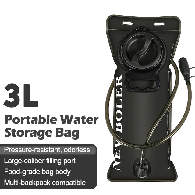 A black portable water storage bag with a pressure-resistant design and a hose, labeled as a 3L hydration accessory.