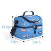 A blue insulated double-layer lunch bag for kids featuring cute cartoon prints and a handle.