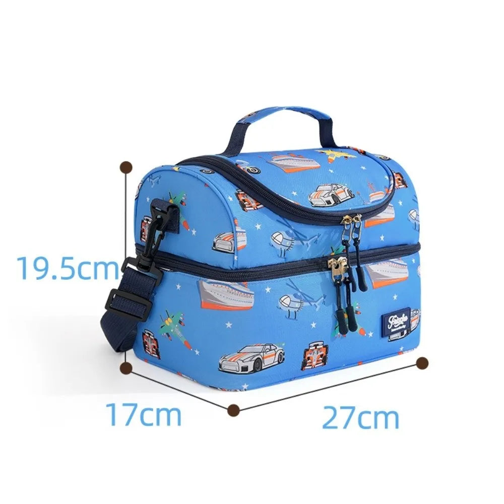A blue insulated double-layer lunch bag for kids featuring cute cartoon prints and a handle.