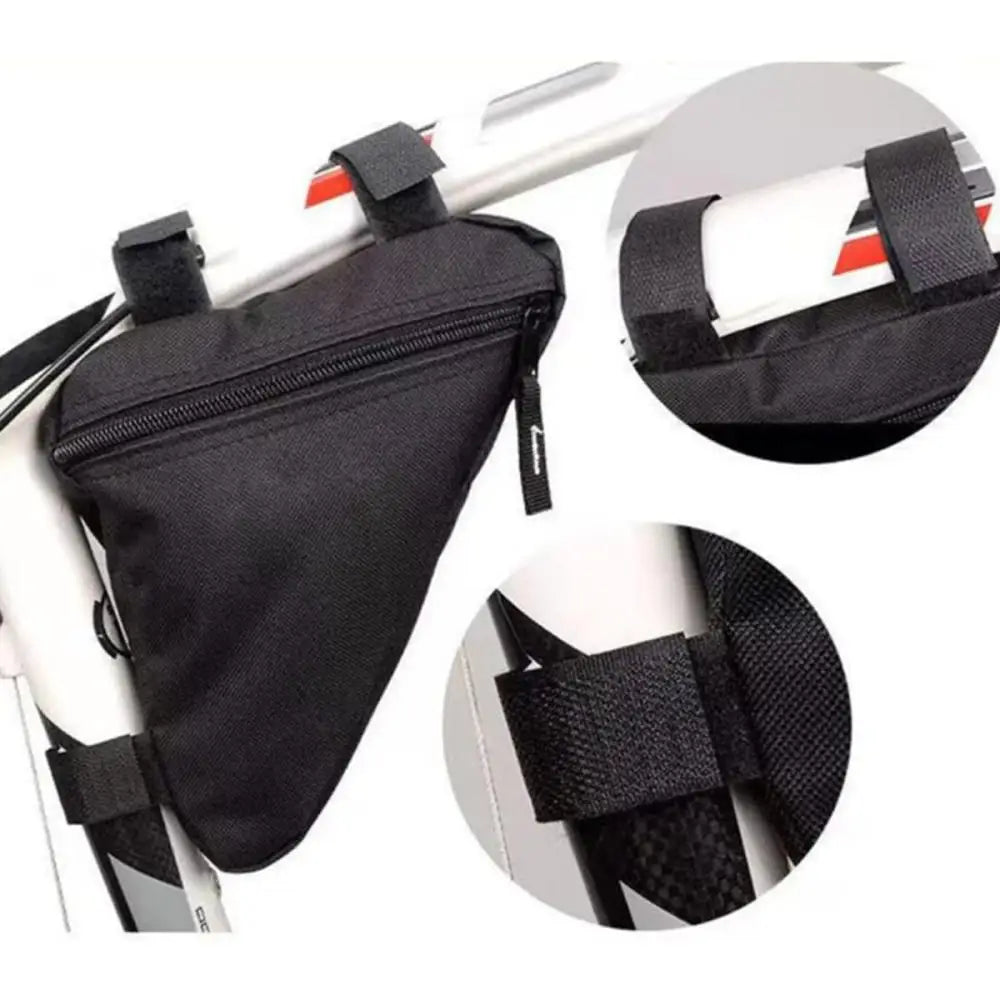 Bolsa resistente para almacenar el cuadro de bicicleta negra con correas ajustables, mostrada desde varios ángulos.