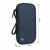 A dark blue waterproof RFID blocking passport holder with a black strap and stop button.