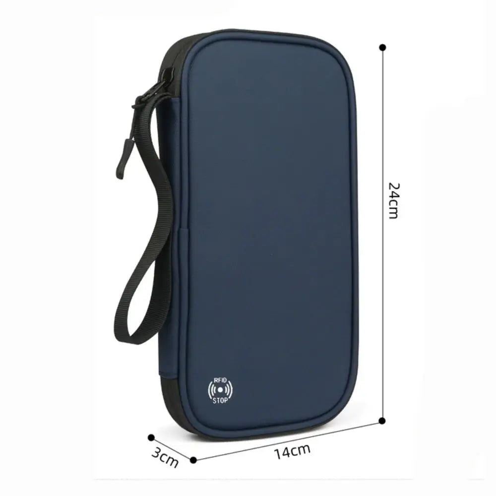 A dark blue waterproof RFID blocking passport holder with a black strap and stop button.