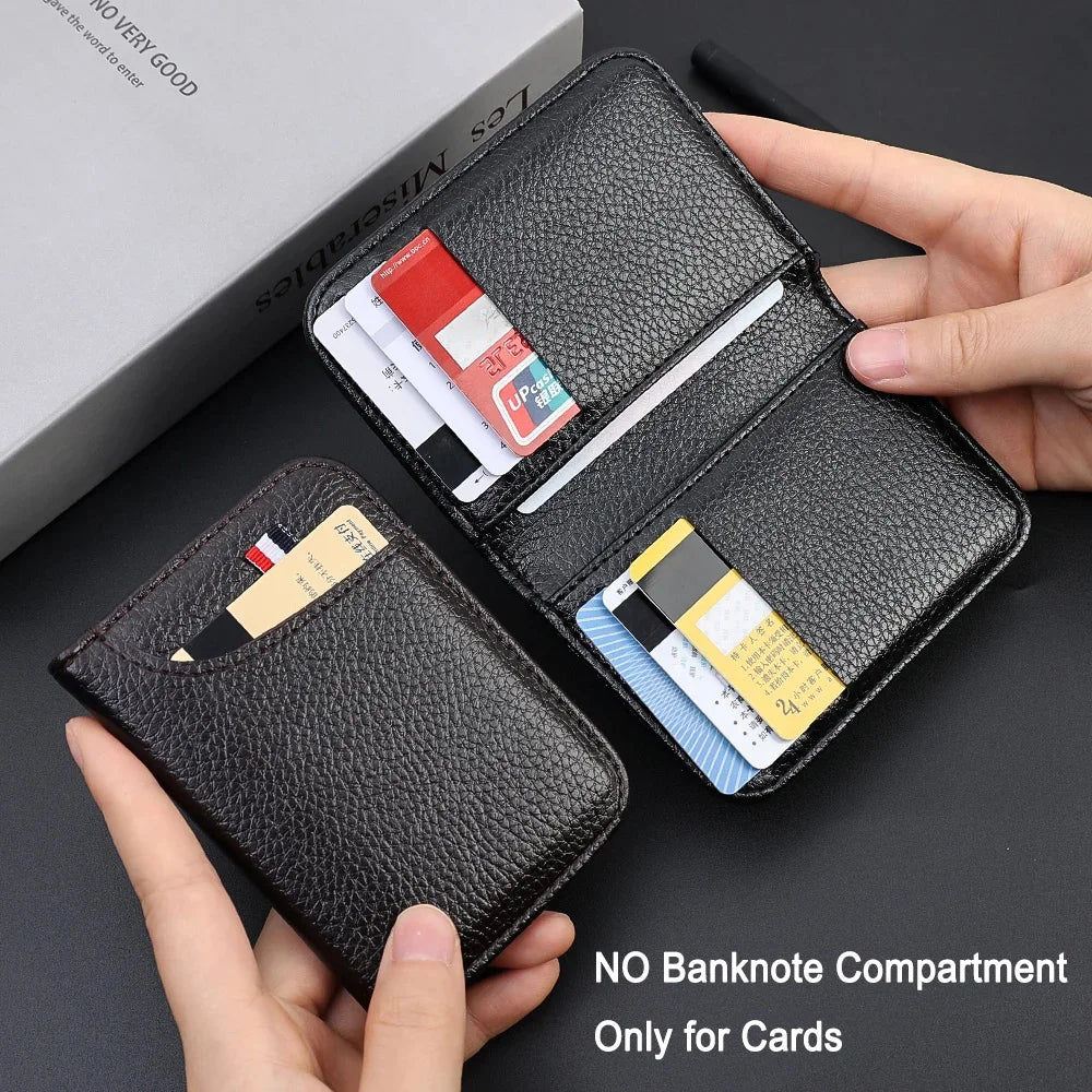 A black slim PU leather credit card wallet is shown open, displaying various cards and a separate card holder.