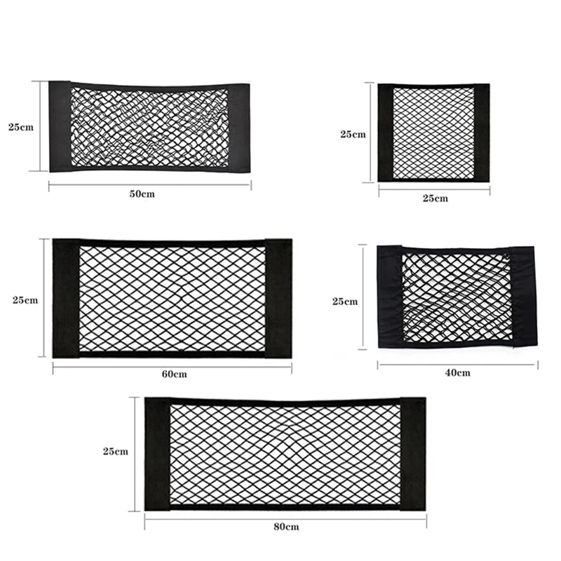 Various sizes of black mesh storage bags for car trunk organization