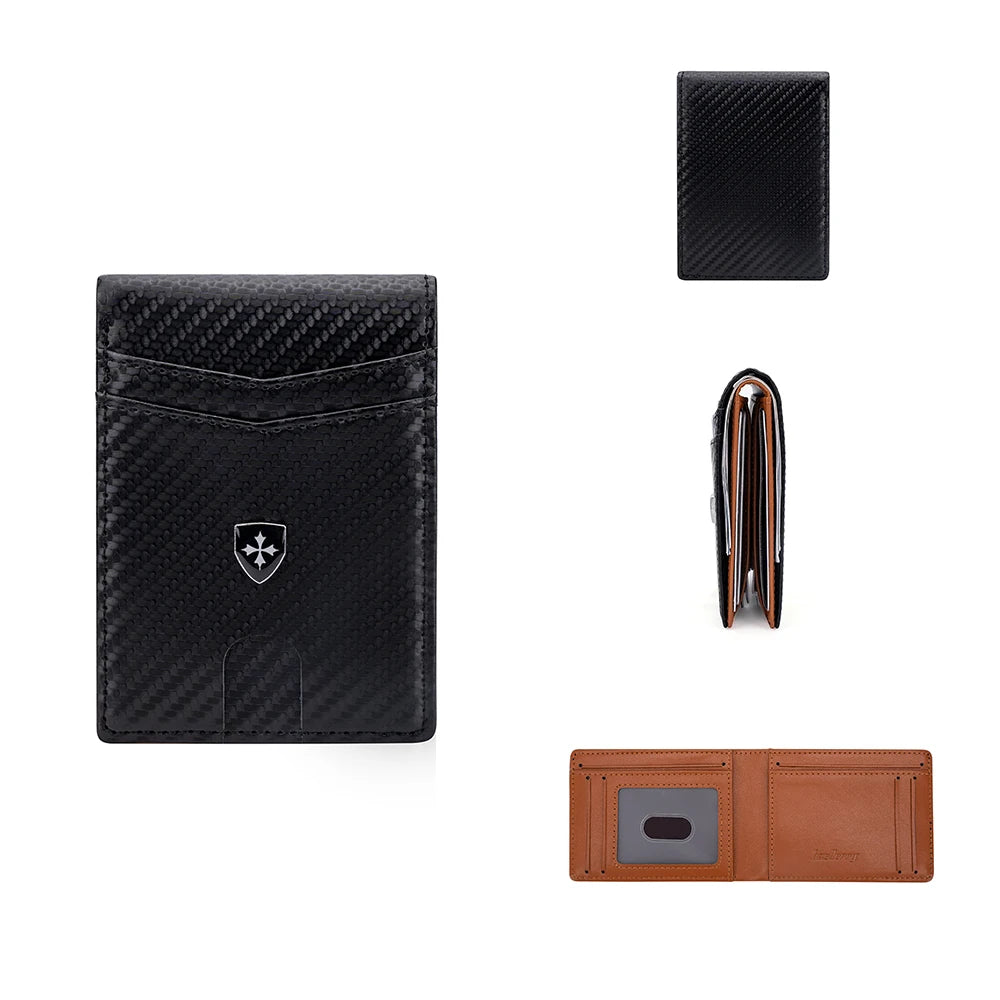 A black slim genuine leather RFID blocking wallet shown in various forms including a cardholder and a bi-fold wallet.