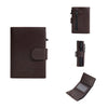 A brown leather card holder with an auto pop-up slide feature shown in multiple views.