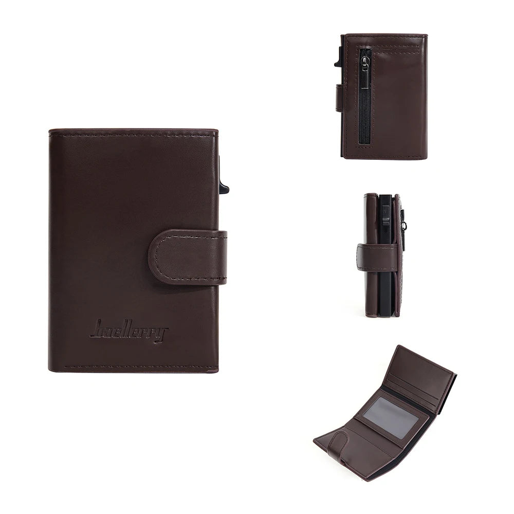 A brown leather card holder with an auto pop-up slide feature shown in multiple views.