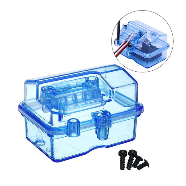 A clear plastic waterproof receiver protection box for RC cars with mounting screws shown next to the product.