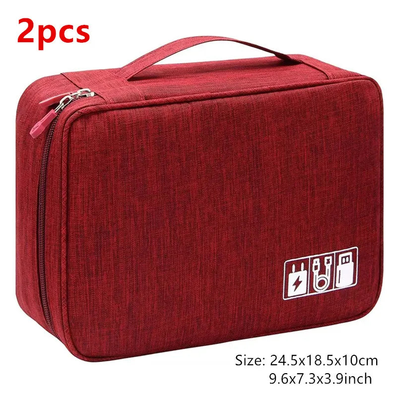 A maroon portable digital organizer storage pouch with a zipper and handle, measuring 24.5x18.5x10cm.