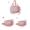 Pink clear waterproof travel toiletry bag shown in small, medium, and large sizes.